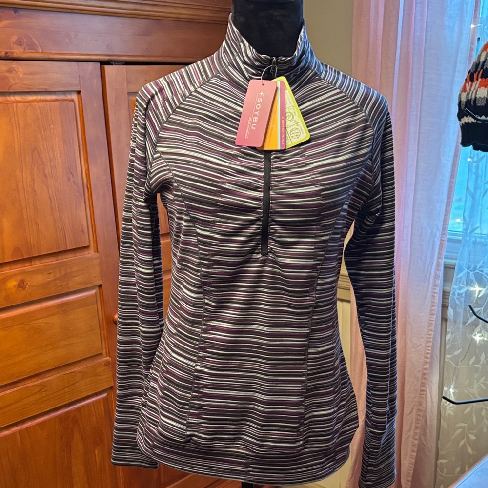 Soybu Women's Long Sleeve Striped Top - Black and Purple NWT